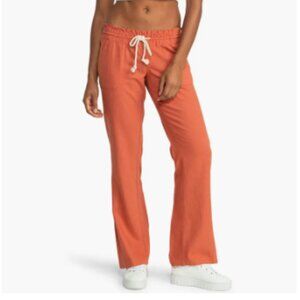 Roxy Oceanside Linen Wide Leg Pants with Pockets & Drawstring - Medium in Coral